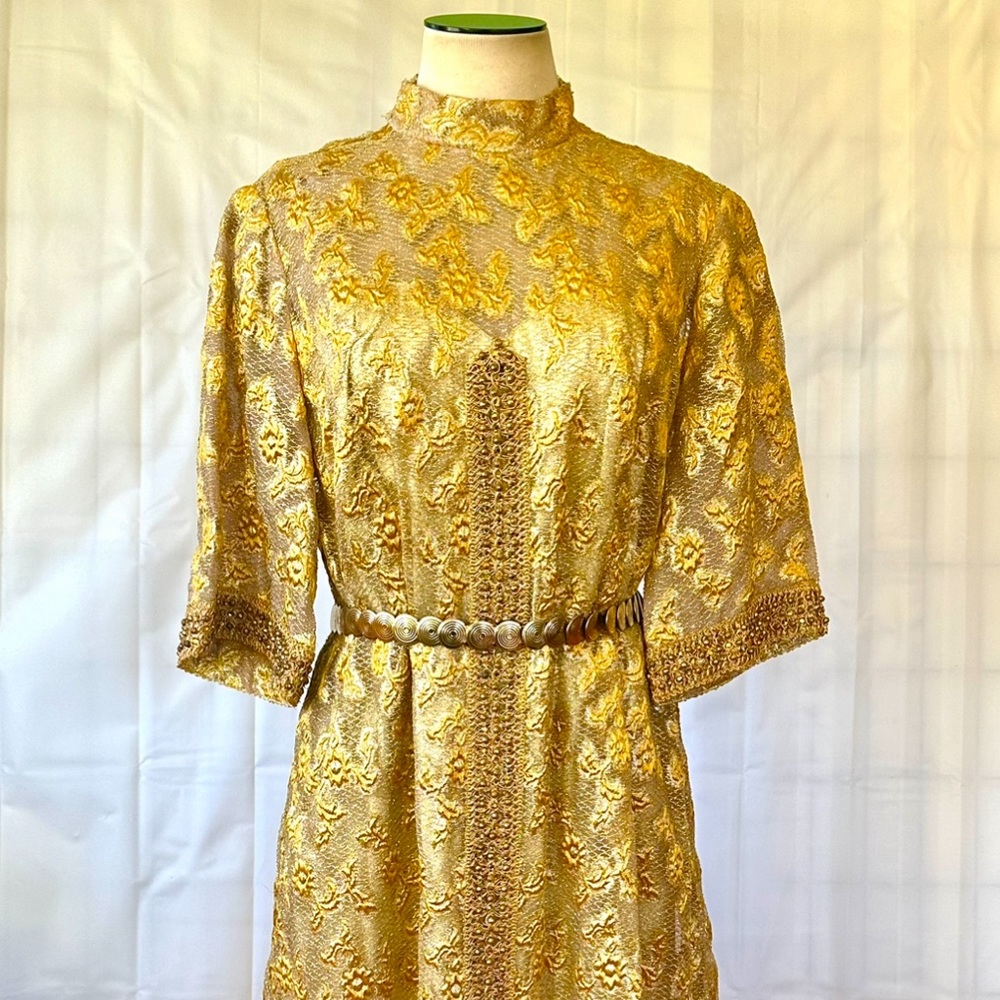 Vintage 1960s 1970s Gold Dress Cocktail Party Frock 36 M Short Formal A Line
